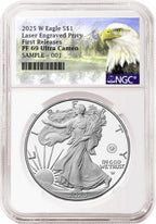 2025 W proof American Eagle Silver Dollar with laser engraved privy graded by NGC with the eagle mountain label.