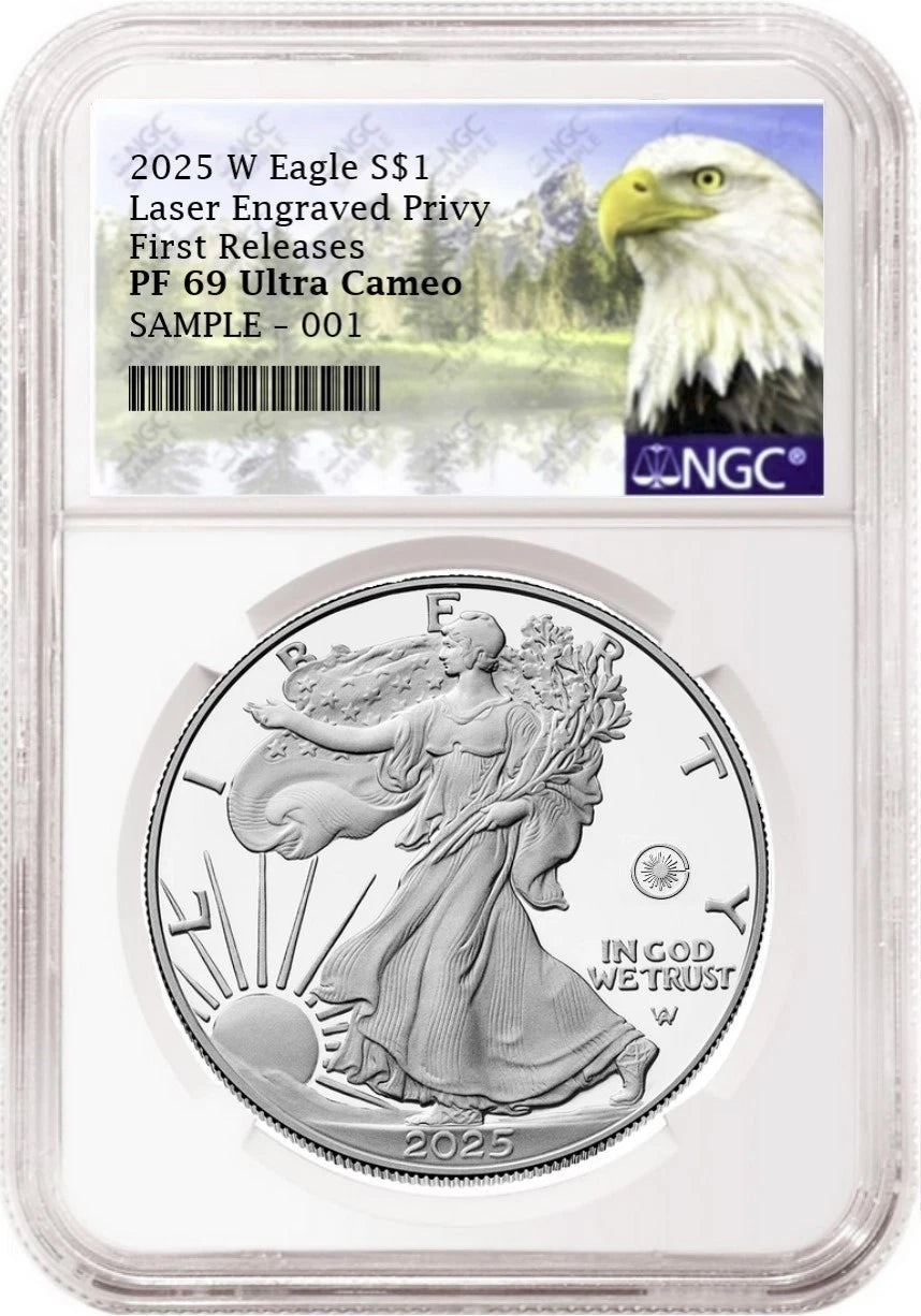 2025 W proof American Eagle Silver Dollar with laser engraved privy graded by NGC with the eagle mountain label.