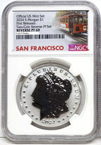 Obverse side of 2024 S reverse proof Morgan silver dollar in NGC slab with San Francisco trolley label