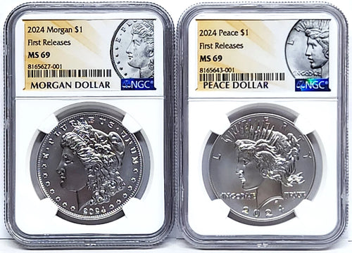 Obverse side of 2024 Uncirculated Morgan and Peace silver dollars in NGC slabs with Morgan and Peace labels