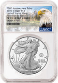 An NGC graded 2025 s proof American Eagle Silver Dollar with US Navy 250th anniversary privy with the eagle mountain label.