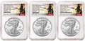 Three 2025 proof American Silver Eagles, one with US Army 250th anniversary privy, one with US Navy 250th anniversary privy, and one with US Marine Corps 250th anniversary privy, all graded by NGC with the commemorative military 250th anniversary labels.