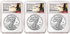 Three 2025 proof American Silver Eagles, one with US Army 250th anniversary privy, one with US Navy 250th anniversary privy, and one with US Marine Corps 250th anniversary privy, all graded by NGC with the commemorative military 250th anniversary labels.