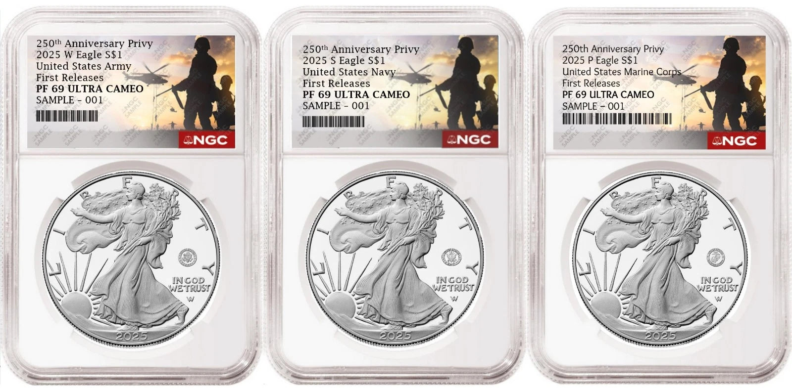 Three 2025 proof American Silver Eagles, one with US Army 250th anniversary privy, one with US Navy 250th anniversary privy, and one with US Marine Corps 250th anniversary privy, all graded by NGC with the commemorative military 250th anniversary labels.