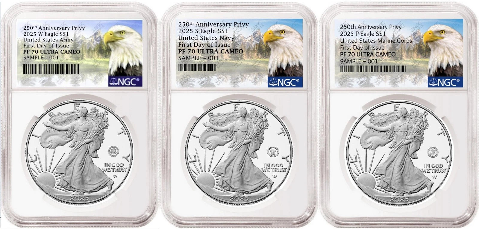 Three 2025 proof American Silver Eagles, one with US Army 250th anniversary privy, one with US Navy 250th anniversary privy, and one with US Marine Corps 250th anniversary privy, all graded by NGC with the eagle mountain labels.