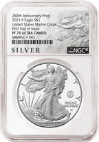 Obverse side of 2025 P proof silver eagle with US Marine Corps 250th anniversary privy in NGC slab with the silver American liberty series label
