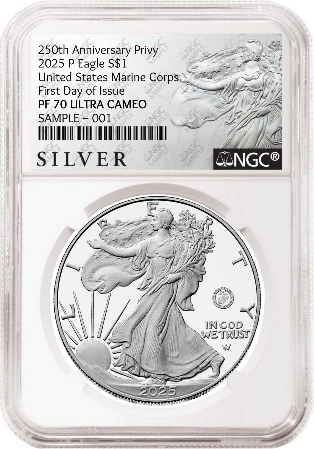 Obverse side of 2025 P proof silver eagle with US Marine Corps 250th anniversary privy in NGC slab with the silver American liberty series label
