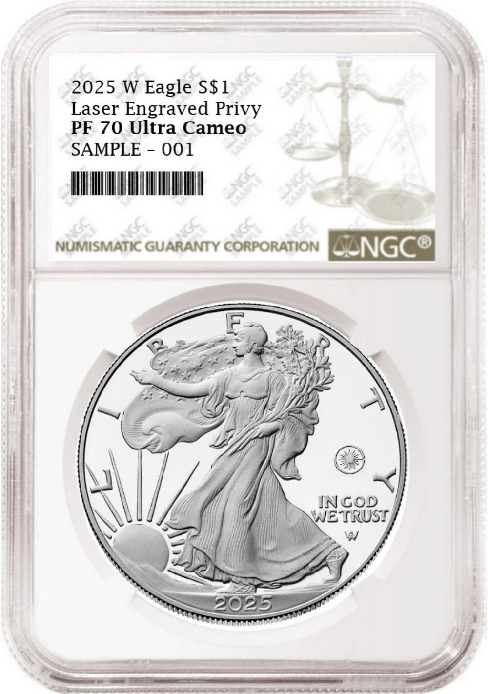 2025 W proof American Eagle Silver Dollar with laser engraved privy graded by NGC with the standard brown label.