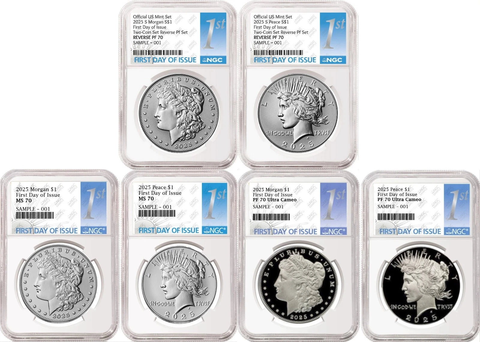 Six coins; three sets of 2025 Morgan and Peace silver dollars, one proof two-coin set, one uncirculated two-coin set, and one reverse proof two-coin set, all graded by NGC with first day of issue labels.