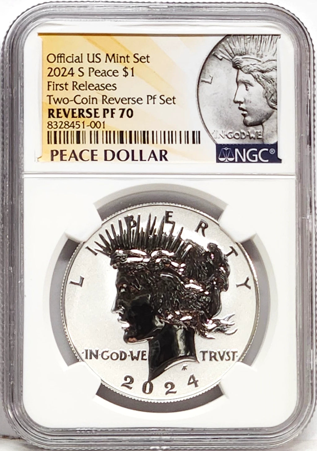 Obverse side of 2024 S reverse proof Peace silver dollar in NGC slab with Peace dollar label