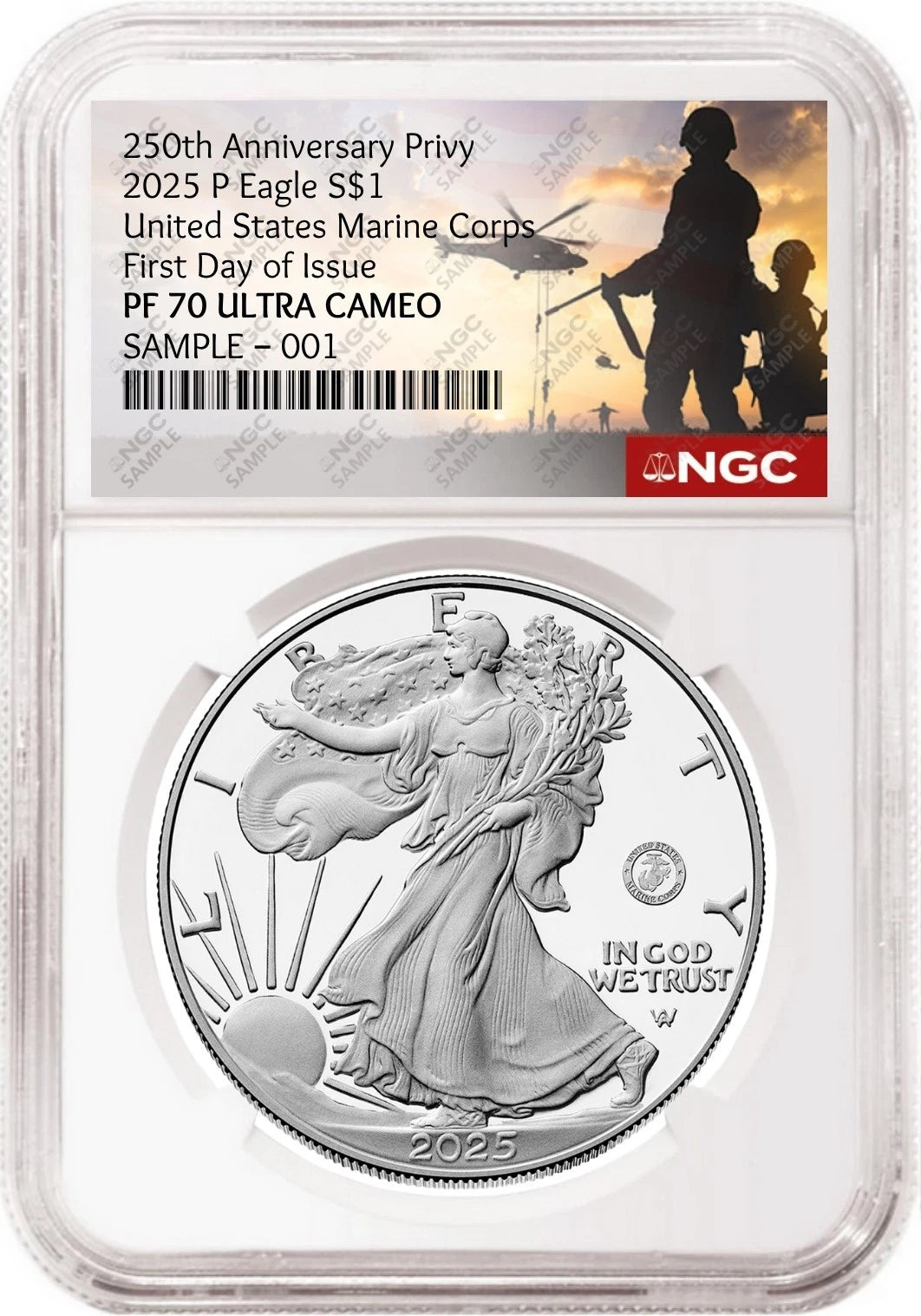 Obverse side of 2025 P proof silver eagle with US Marine Corps 250th anniversary privy in NGC slab with the commemorative military 250th anniversary label