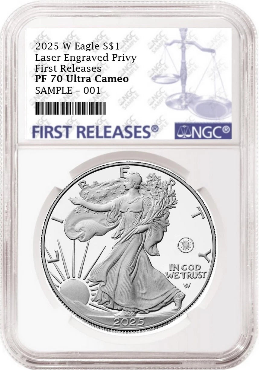 2025 W proof American Eagle Silver Dollar with laser engraved privy graded by NGC with the blue first releases label.