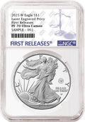 2025 W proof American Eagle Silver Dollar with laser engraved privy graded by NGC with the blue first releases label.