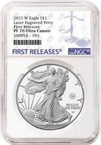 2025 W proof American Eagle Silver Dollar with laser engraved privy graded by NGC with the blue first releases label.