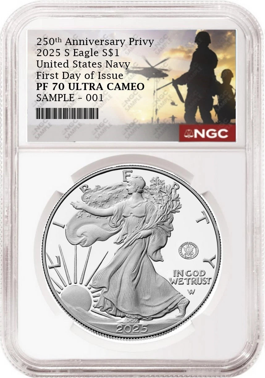 An NGC graded 2025 s proof American Eagle Silver Dollar with US Navy 250th anniversary privy with the commemorative military 250th anniversary label.