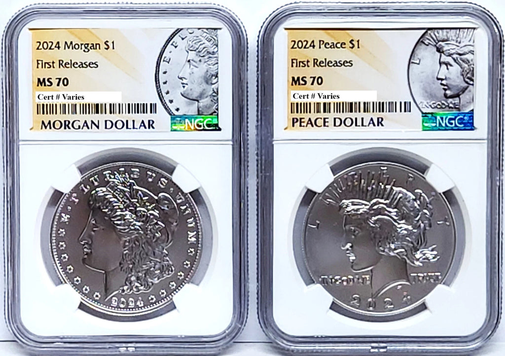 Obverse side of 2024 Uncirculated Morgan and Peace silver dollars in NGC slabs with Morgan and Peace labels