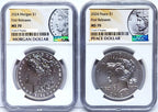 Obverse side of 2024 Uncirculated Morgan and Peace silver dollars in NGC slabs with Morgan and Peace labels