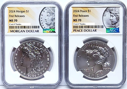 Obverse side of 2024 Uncirculated Morgan and Peace silver dollars in NGC slabs with Morgan and Peace labels