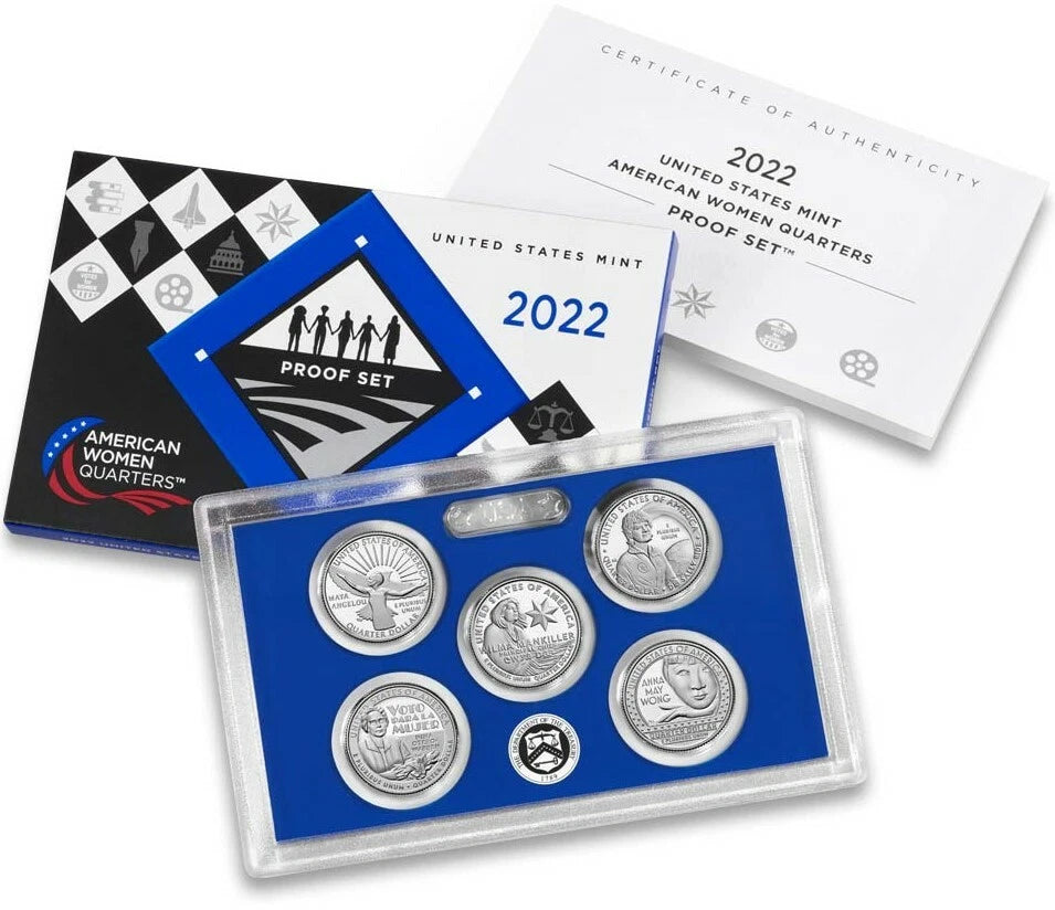 2022 American Women Quarters Proof Set with five coins honoring Maya Angelou, Sally Ride, Wilma Mankiller, Nina Otero-Warren, and Anna May Wong, displayed in a protective case with Certificate of Authenticity and decorative packaging.