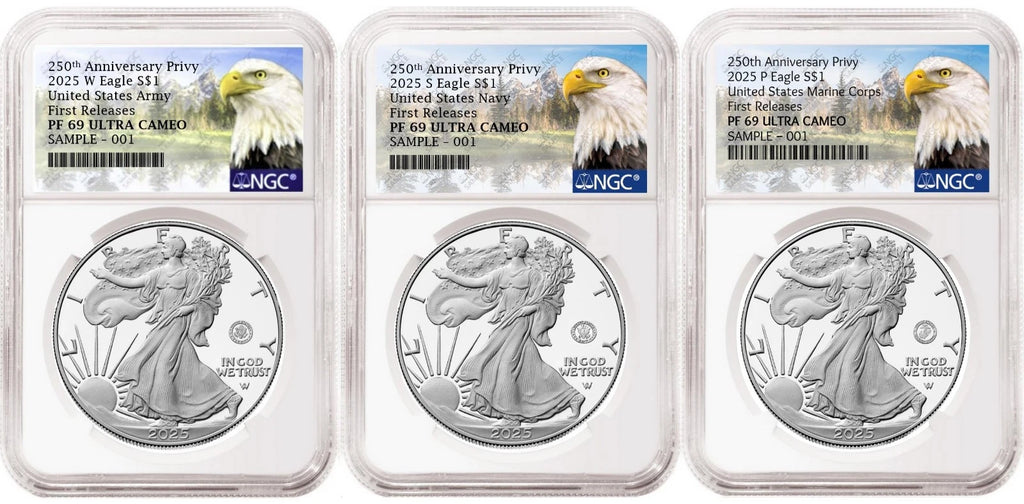 Three 2025 proof American Silver Eagles, one with US Army 250th anniversary privy, one with US Navy 250th anniversary privy, and one with US Marine Corps 250th anniversary privy, all graded by NGC with the eagle mountain labels.