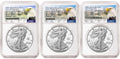 Three 2025 proof American Silver Eagles, one with US Army 250th anniversary privy, one with US Navy 250th anniversary privy, and one with US Marine Corps 250th anniversary privy, all graded by NGC with the eagle mountain labels.