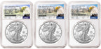Three 2025 proof American Silver Eagles, one with US Army 250th anniversary privy, one with US Navy 250th anniversary privy, and one with US Marine Corps 250th anniversary privy, all graded by NGC with the eagle mountain labels.