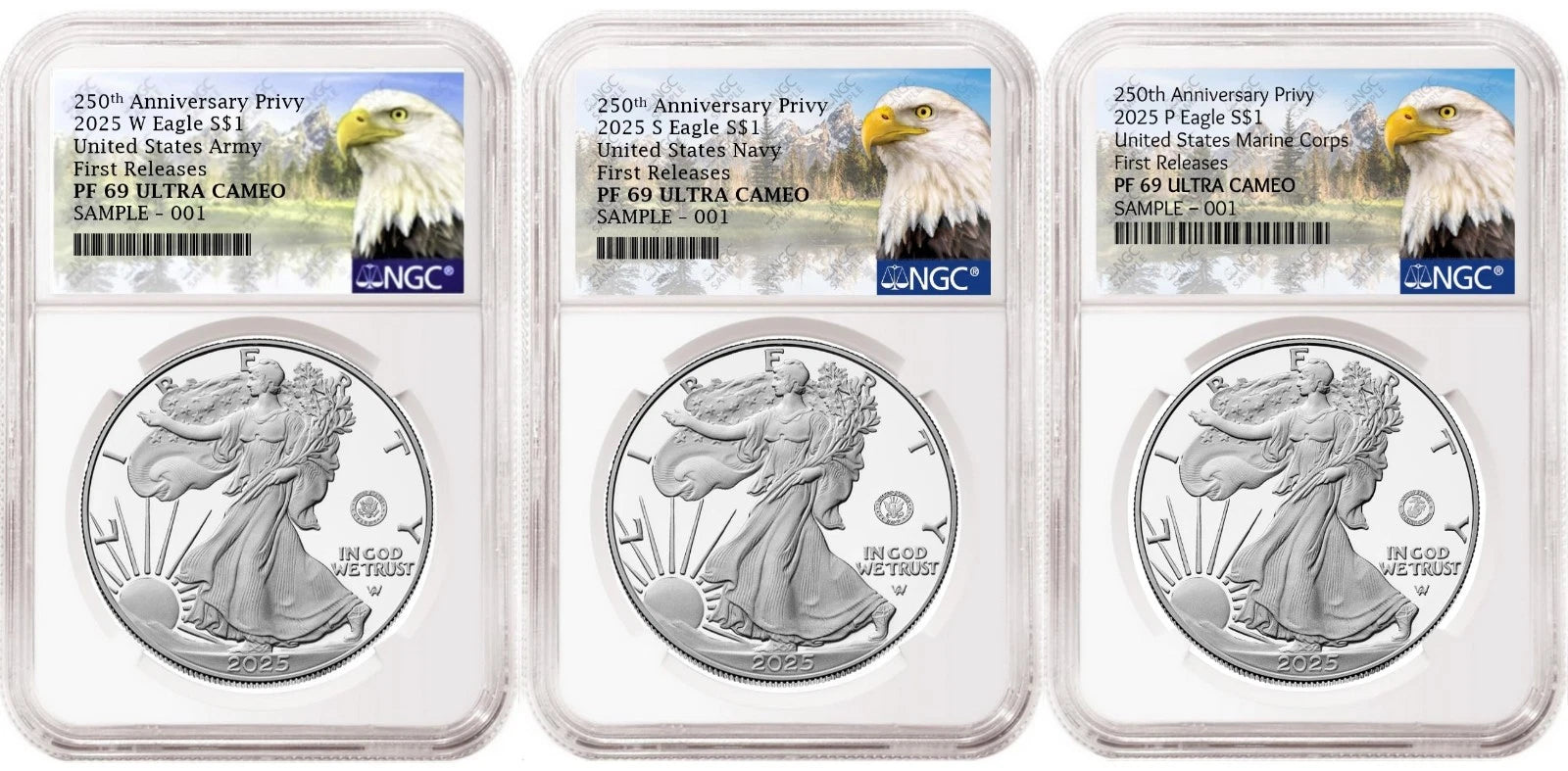Three 2025 proof American Silver Eagles, one with US Army 250th anniversary privy, one with US Navy 250th anniversary privy, and one with US Marine Corps 250th anniversary privy, all graded by NGC with the eagle mountain labels.