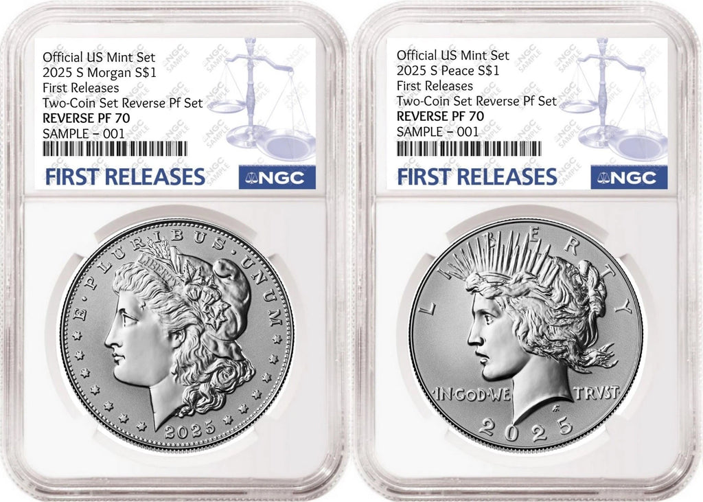 Obverse side of 2025 reverse proof Morgan and Peace silver dollar two coin set in NGC slabs with first releases labels