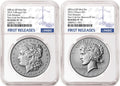 Obverse side of 2025 reverse proof Morgan and Peace silver dollar two coin set in NGC slabs with first releases labels