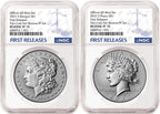 Obverse side of 2025 reverse proof Morgan and Peace silver dollar two coin set in NGC slabs with first releases labels
