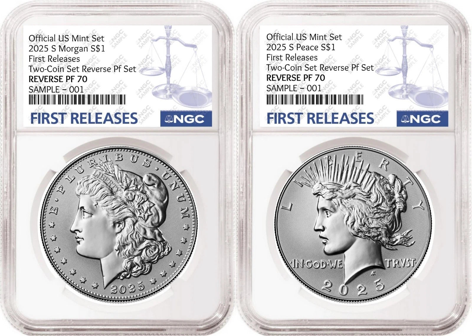 Obverse side of 2025 reverse proof Morgan and Peace silver dollar two coin set in NGC slabs with first releases labels