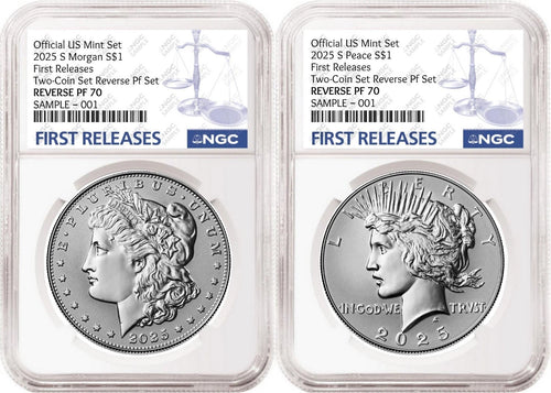 Obverse side of 2025 reverse proof Morgan and Peace silver dollar two coin set in NGC slabs with first releases labels