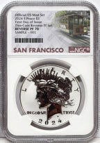 Obverse side of 2024 S reverse proof Peace silver dollar in NGC slab with San Francisco trolley label