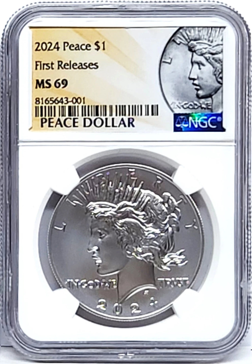 Obverse side of 2024 uncirculated Peace silver dollar in NGC slab with Peace dollar label