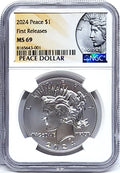 Obverse side of 2024 uncirculated Peace silver dollar in NGC slab with Peace dollar label