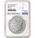 Obverse side of 2025 uncirculated Morgan silver dollar graded by NGC with the blue first releases label.