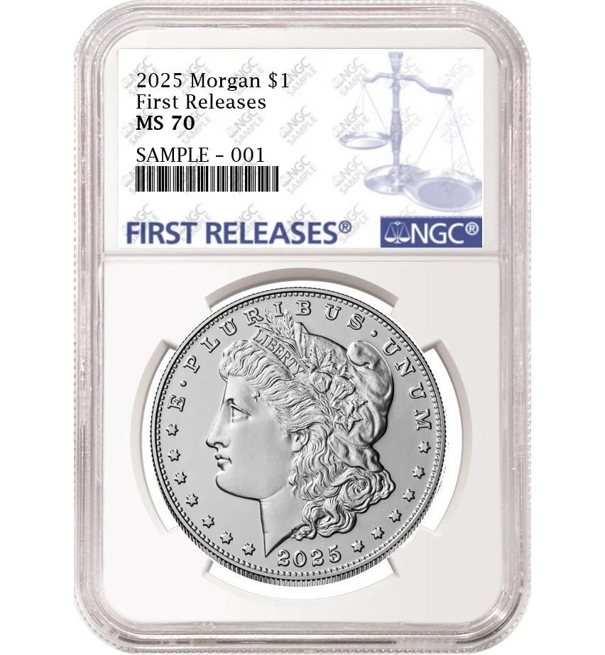 Obverse side of 2025 uncirculated Morgan silver dollar graded by NGC with the blue first releases label.