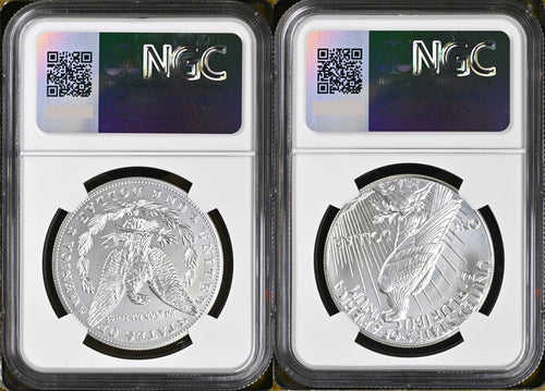 Reverse side of uncirculated Morgan and Peace silver dollars in NGC slabs