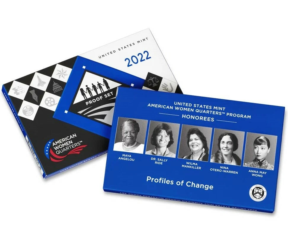 2022 American Women Quarters Proof Set packaging featuring portraits of Maya Angelou, Sally Ride, Wilma Mankiller, Nina Otero-Warren, and Anna May Wong, with “Profiles of Change” and U.S. Mint branding.