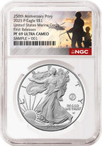Obverse side of 2025 P proof silver eagle with US Marine Corps 250th anniversary privy in NGC slab with the commemorative military 250th anniversary label