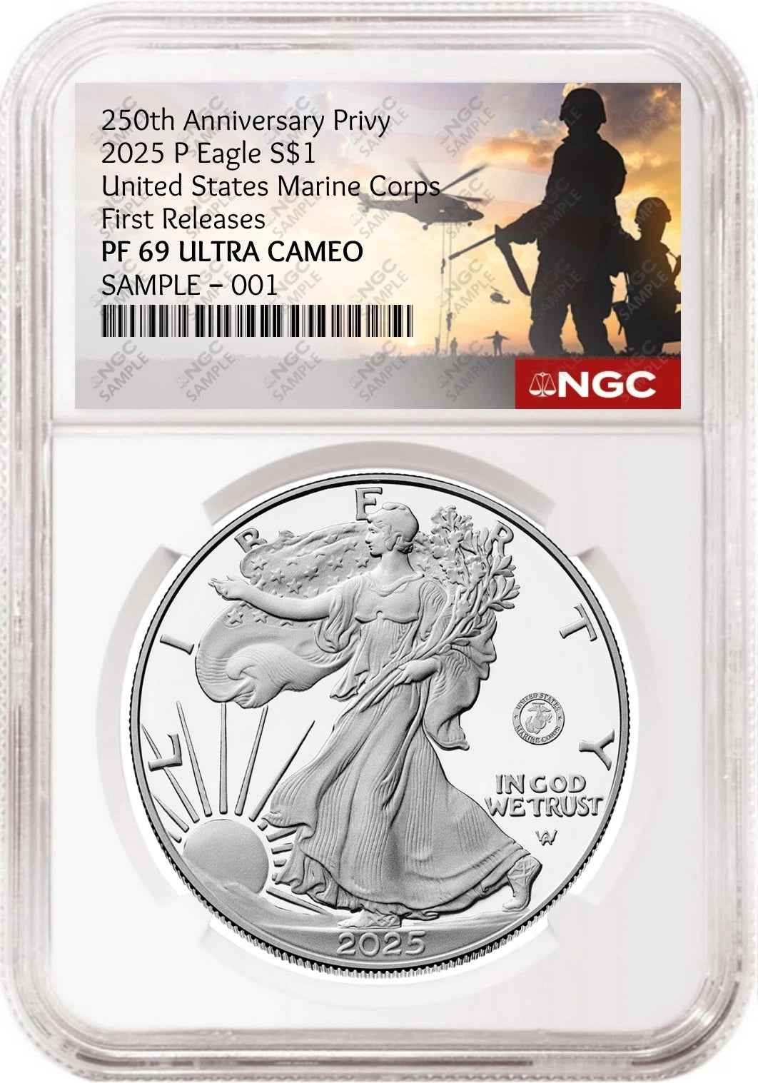 Obverse side of 2025 P proof silver eagle with US Marine Corps 250th anniversary privy in NGC slab with the commemorative military 250th anniversary label