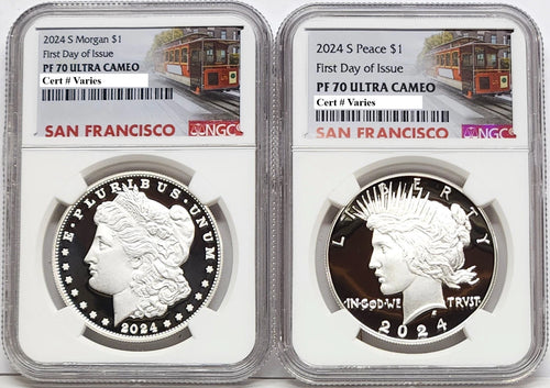 Obverse side of 2024 S Proof Morgan and Peace silver dollars in NGC slabs with San Francisco Trolley labels