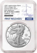 An NGC graded 2025 s proof American Eagle Silver Dollar with US Navy 250th anniversary privy with the blue first releases label.