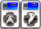 Reverse side of proof Morgan and Peace silver dollar two coin set in NGC slabs