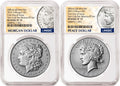 Obverse side of 2025 reverse proof Morgan and Peace silver dollar two coin set in NGC slabs with morgan and peace labels