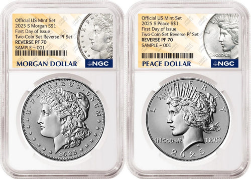 Obverse side of 2025 reverse proof Morgan and Peace silver dollar two coin set in NGC slabs with morgan and peace labels