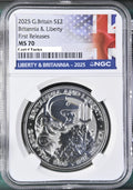 An NGC graded 2025 Brittania and Liberty Silver Dollar with the Liberty and Britannia label.