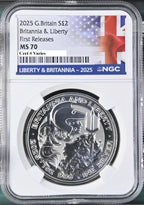 An NGC graded 2025 Brittania and Liberty Silver Dollar with the Liberty and Britannia label.