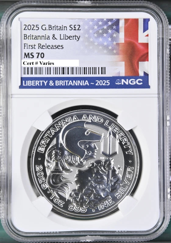 An NGC graded 2025 Brittania and Liberty Silver Dollar with the Liberty and Britannia label.