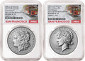Obverse side of 2025 reverse proof Morgan and Peace silver dollar two coin set in NGC slabs with San Francisco trolley labels